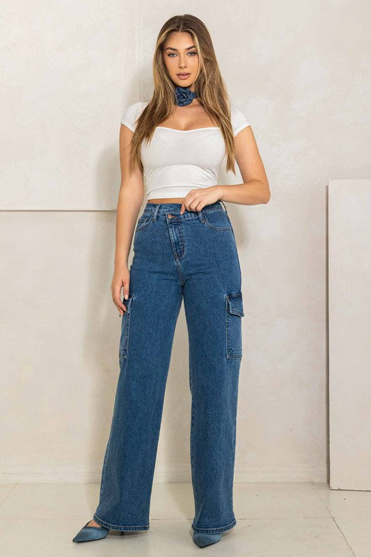 Crossed Waist Cargo Wide Jeans - Anew Couture