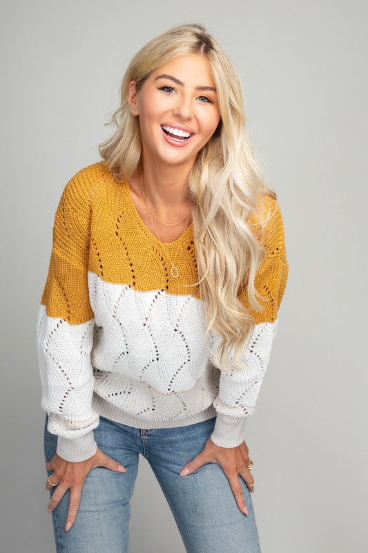 Color Block V neck Knit Sweater - Anew Couture