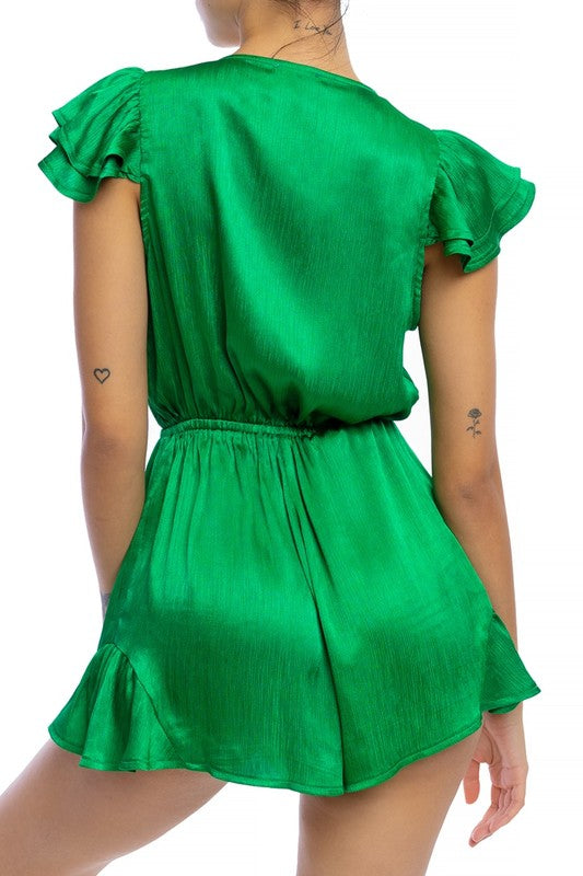 Crinkle Green Satin Tie Romper - Anew Couture