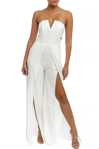 White Linen Split Jumpsuit - Anew Couture