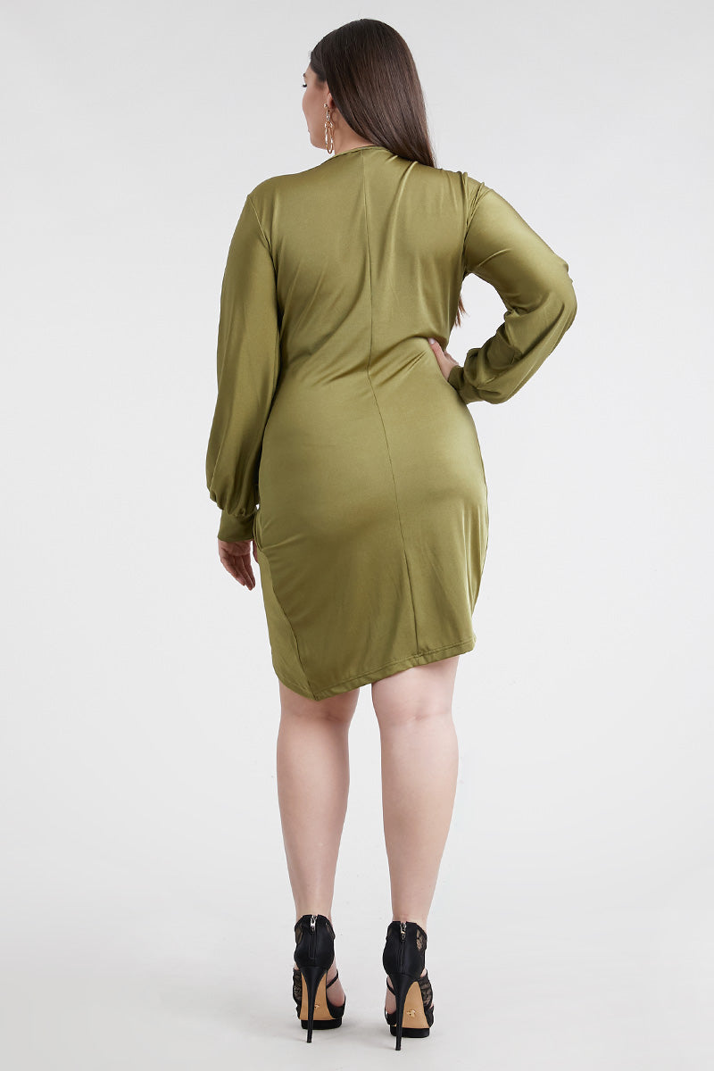Olive Long Sleeve Drape Dress (Plus) - Anew Couture