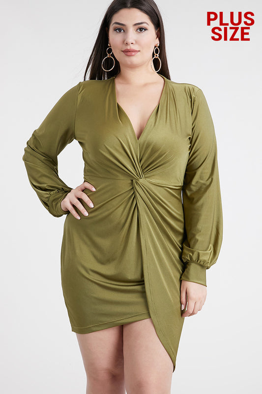 Olive Long Sleeve Drape Dress (Plus) - Anew Couture